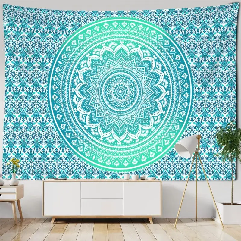VIKAMA Teal Feather Mandala Art Wall Hanging Tapestry for Living Room Dorm Aesthetic Soft Hippie Boho Retro Trendy Home Decor