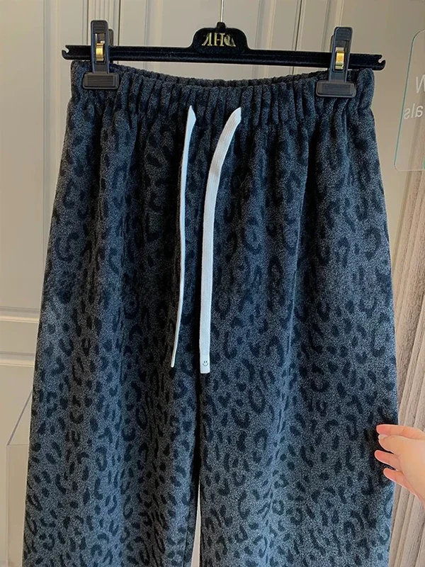 plus Size 240 Pounds Station Leopard Print Straight Leg Pants Women's Autumn Winter Thickened Fleece Wide Leg Long Trousers