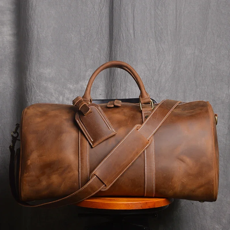 

Men's Luxury Genuine Leather Vintage Travel Weekend Folding Shoes Bag Training Sports Fitness Bags Husband Overnight Hand Luggag