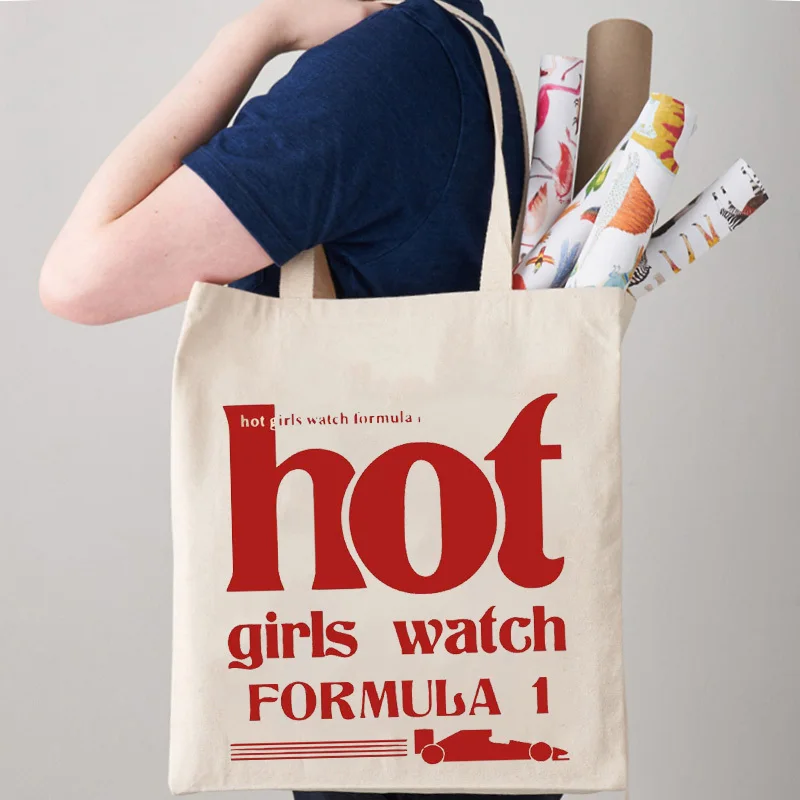 Letter Hot Girls Watch Formula 1 Pattern Tote Bag, Casual Canvas Shoulder Bag, Shopping Bag Carrier Bag