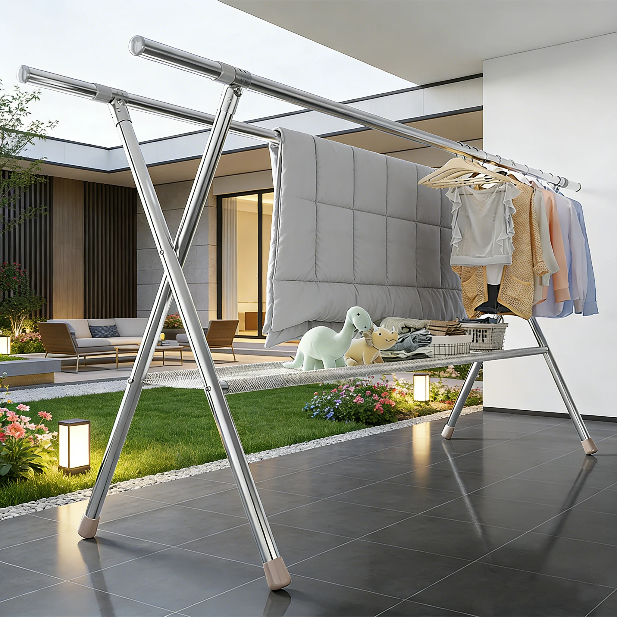 

Stainless Steel Outdoor Indoor Floor Standing Retractable Clothes Drying Rack Balcony Bedroom Quilt Drying Tool Simple Design