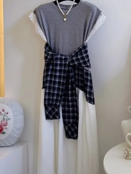 Vestido longo f vintage xadrez com renda e colete estilo coreano, e e moderno, com camadas.