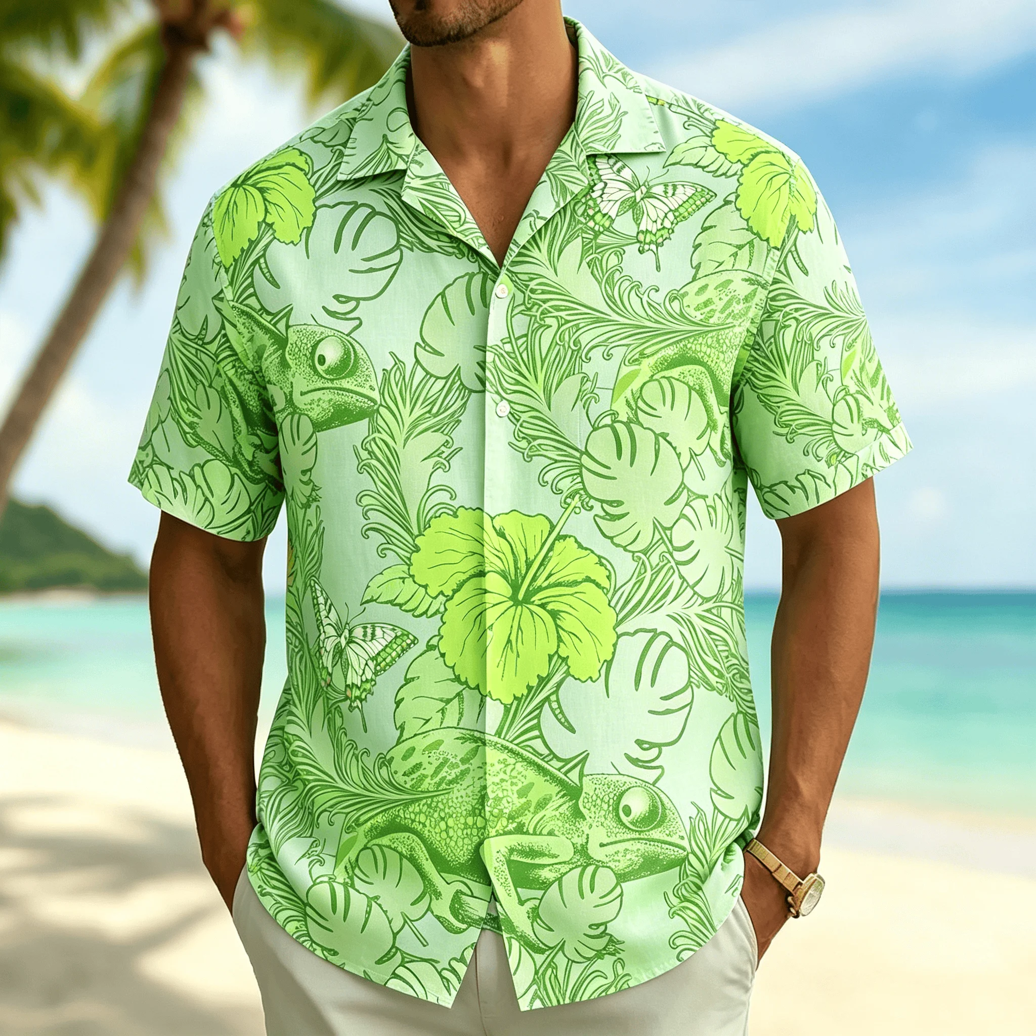 

Men's Tropical Hibiscus & Chameleon Shirt,Casual Short Sleeve Top,Beach Vacation Button Down with Exotic Plant Prints for Summer