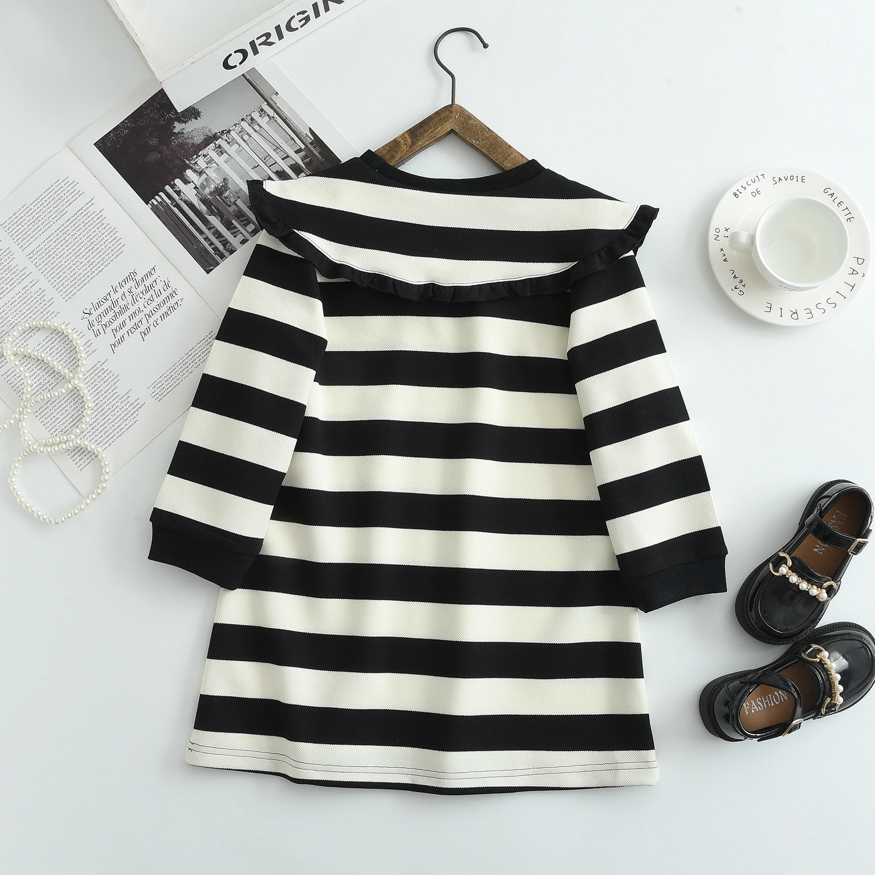 Girls Stripe Long Sleeve Dress with Large Lapel Collar – Casual Fall Tunic for Toddlers, Cute School Wear Kids Dresses for Girls