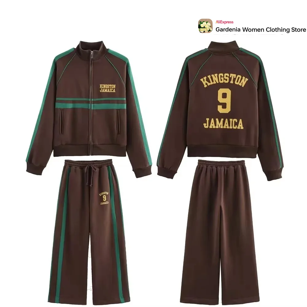طقم ملابس شتوية للسيدات مكون من قطعتين بني، سويت شيرت بطباعة نص جامايكا بياقة عالية وسحاب + بنطال قطيفة مع شريط مركب