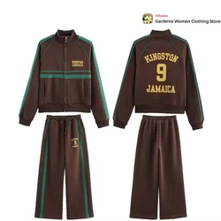 Women Winter Outfit Two Piece Brown Set Jamaica Text Print High Collar Zippered Sweatshirt + Plush Pants with Combination Stripe