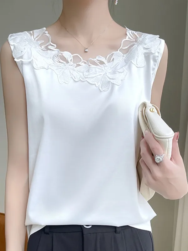 Ele Lace Splice okrągły dekolt Ne Svel Kamizelka Damska Nowość 2025 Elegancka Wyszczuplająca Bielizna Wewnętrzna Satynowa Bluzka Do Pracy Luźny Krój