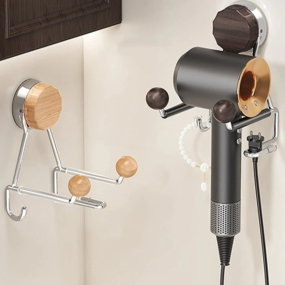 Wall Mounted Hair Dryer Rack Suction Cup Style Space Saving Suction Cup Storage Rack Wood-Look Adjustable Hair Dryer Holder