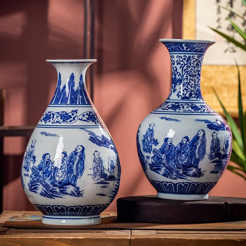 Jingdezhen blue and white porcelain flower arrangements, ceramic vase decorations, modern Chinese style living room wine cabinet