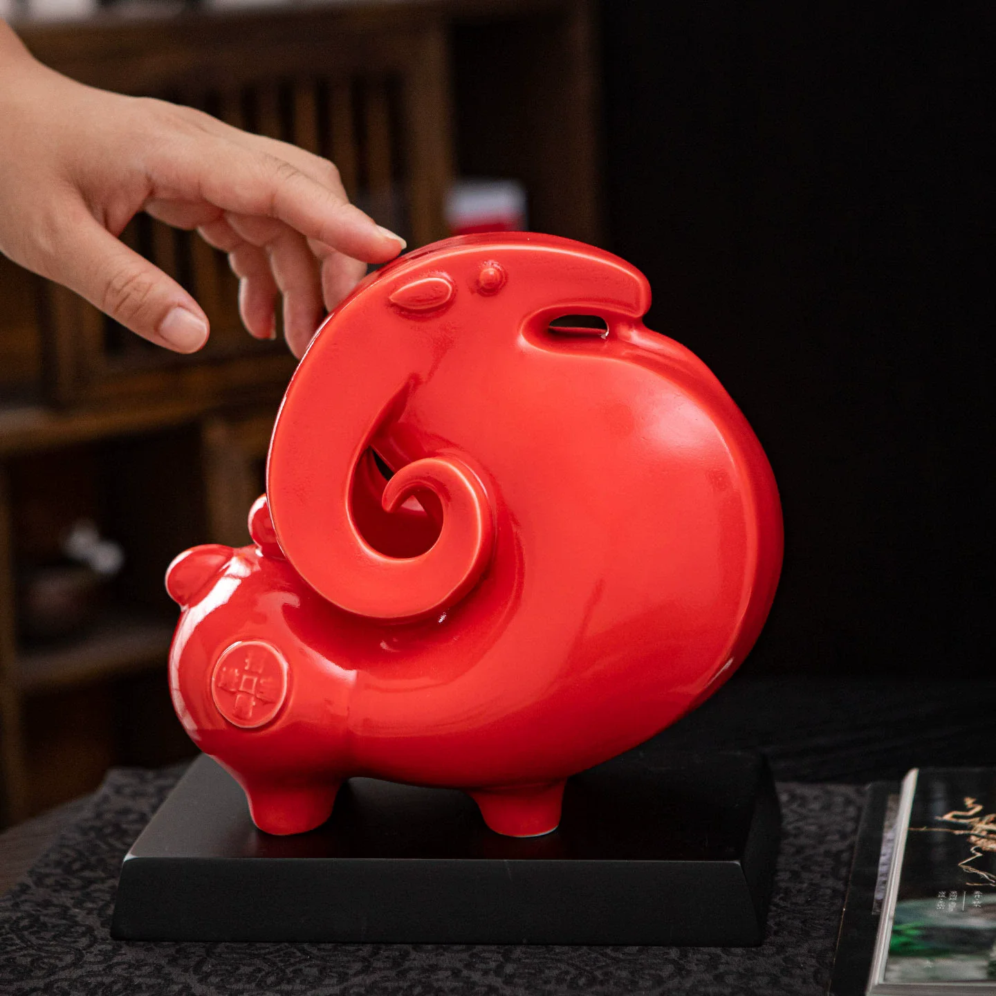 Feng Shui Red Goat Ornament, Creative Zodiac Sheep Figurine for Home Office Desk, Ceramic Wealth Decor for Entryway Living Room,
