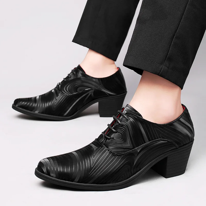 2022 New Fashion Black Formal Shoes for Men Pointed Leather Elegant Mens Dress Shoes Lace-up Heel Shoe Men zapatos hombre vestir