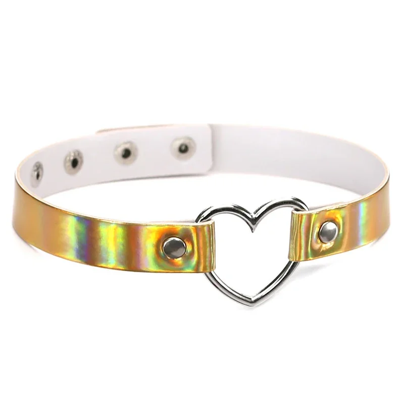 PU Leather Choker Necklace Gift For Women Holographic  Heart Metal Laser Collar Chocker Fashion Jewelry Colorful