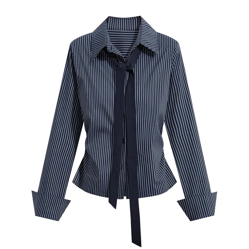 Vintage Preppy Striped Shirts Women Spring Autumn Long Sleeve Tie Hottie Blouse Female Retro Slim Fit Student Navy Blue Tops New