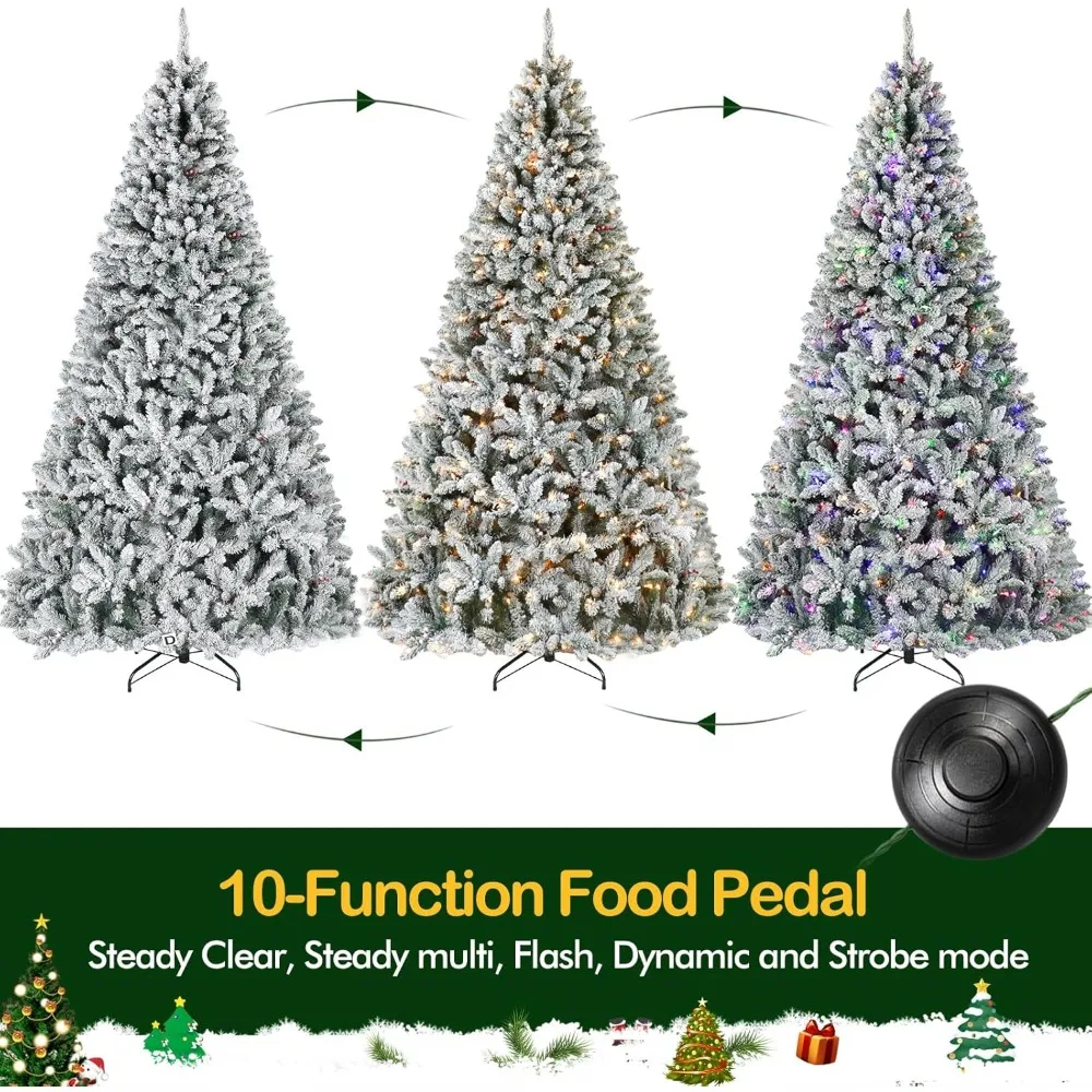 9 Feet Pre-Lit Snow Flocked Christmas Tree, Artificial Christmas Pine Tree with 600 Multicolor LED Lights, 2100 Tips,10 Colors