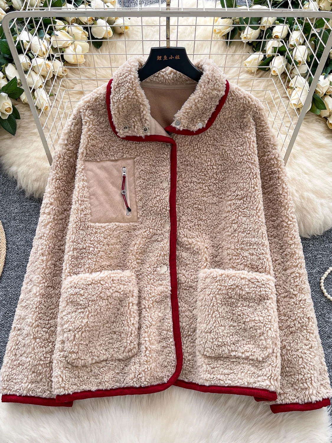 Jaet coreano Sle para mujer, invierno, nuevo, suelto, informal, cuello Retro, empalme de piel de cordero, Top largo Sve, mezcla de lana Sle para ir al trabajo