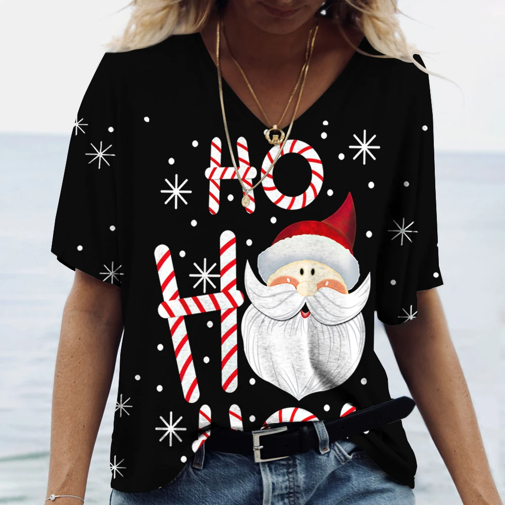 Merry Christmas Women's Short sleeved V-neck T-shirt Christmas Tree Santa Claus Letter Print Simple Trendy Trend Women Clothing