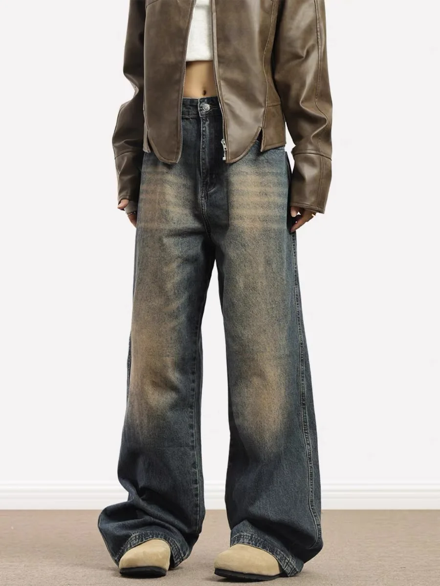 

Ретро американские джинсы с прямыми штанинами для мужчин и женщин, модные брендовые утягивающие драпированные повседневные джинсы длиной до пола