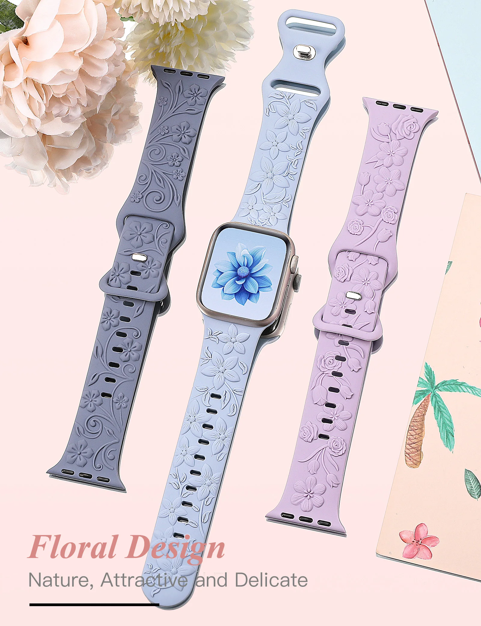 3Pack 3D Floral Engraved Band for Apple Watch Band 49mm 41mm 40mm 38mm 45mm Silicone Strap for iWatch Ultra/9/8/7/SE/6/5/4/3/2