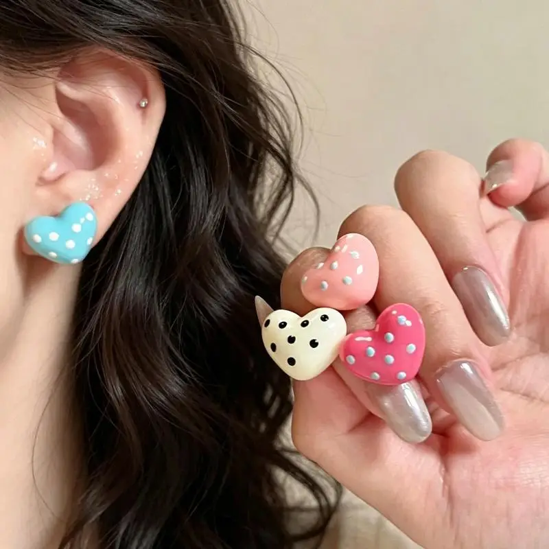 Colorful Drip Oil Wave Heart Dot Stud Earrings Women Premium Lightweight Fashionable Versatile Jewelry Gift