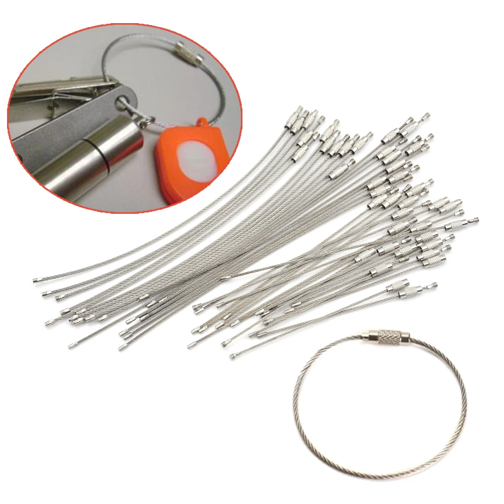 10pcs Screw Locking Stainless Steel Wire Keychain Cable Rope Key Holder Keyring Key Chain Rings Cable Outdoor Tools Parts