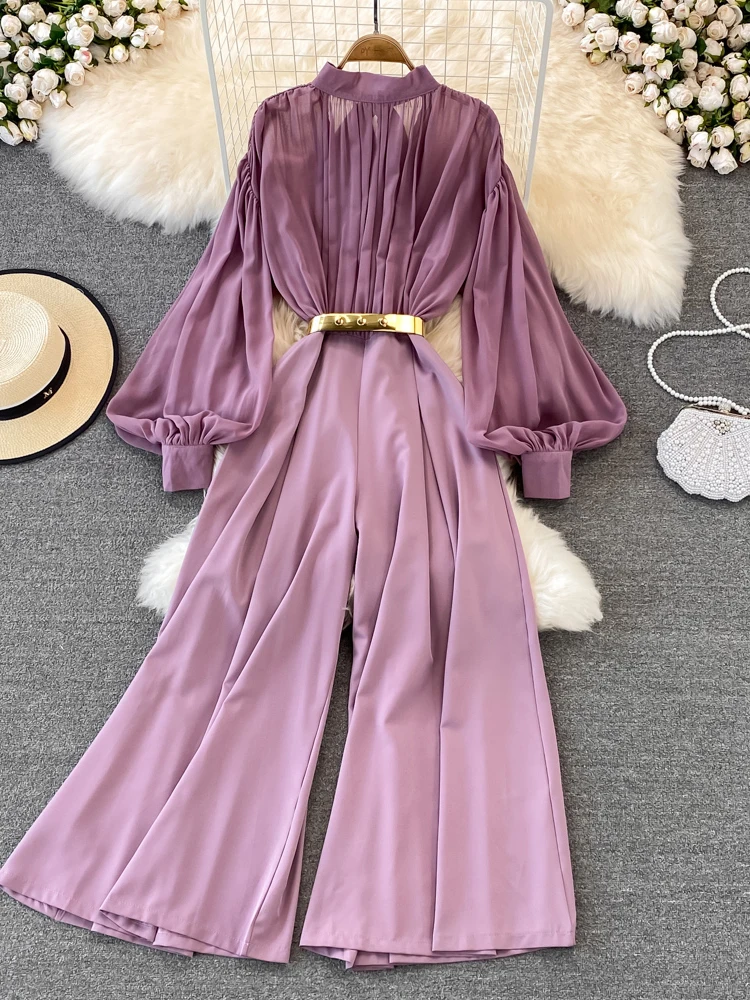 Vintage Women Jumpsuits Autumn Lantern Long Sleeve Stand Collar High Waist Wide Leg Draped Romper Female Elegant Playsuits New