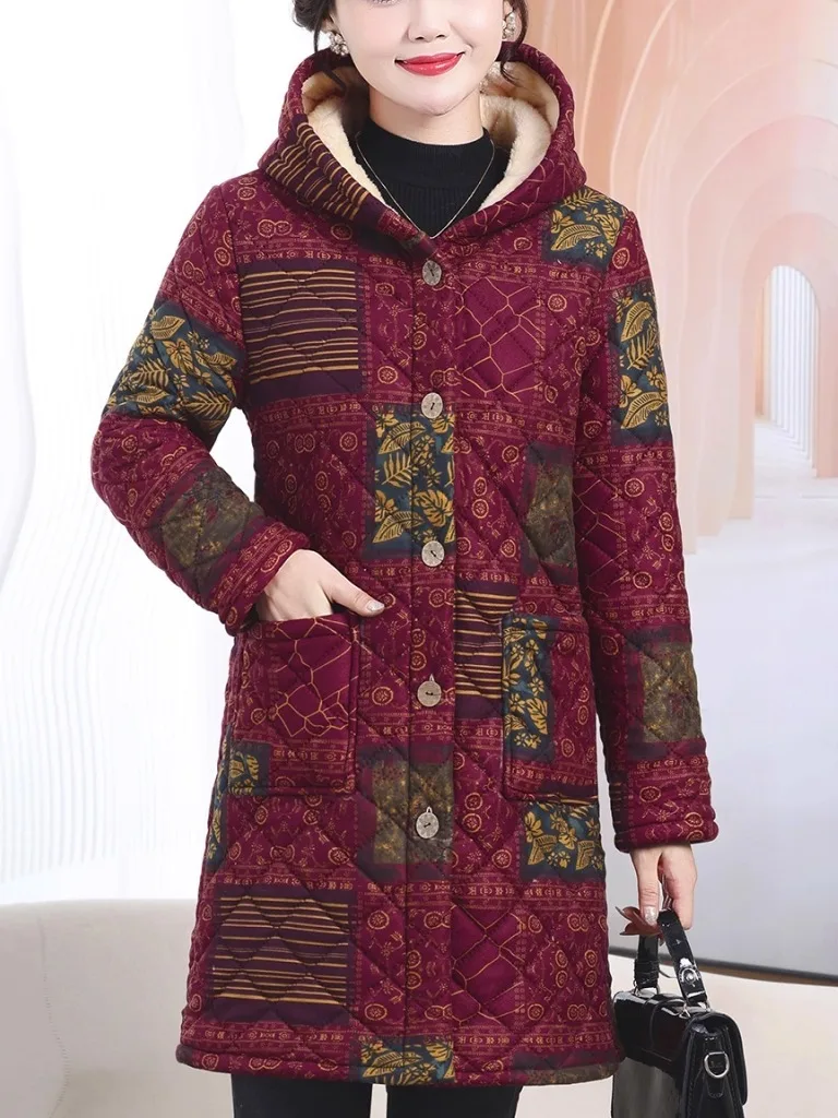 

Утепленная женская куртка средней длины с капюшоном, хлопковое пальто с ретро-принтом, теплая, свободного кроя, на молнии, для повседневной носки зимой