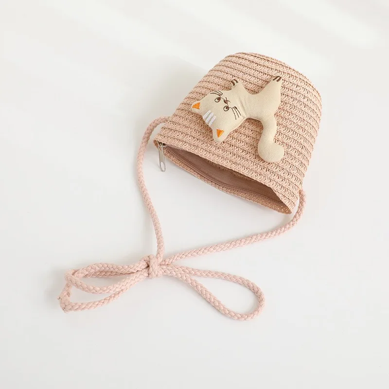 Baby Crossbody Shoulder Bag Children\'s Straw Zipper Coin Key Bag Little Girl Cute Cartoon Cat Mini Bag