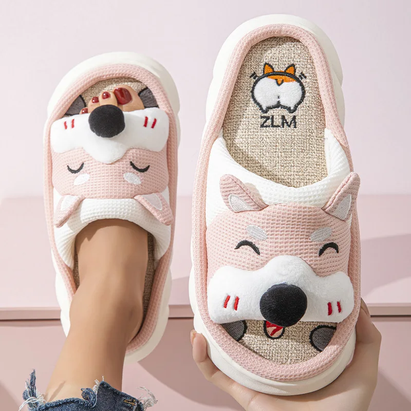 Linen Platform Slippers Women Home Cute Cartoon Dog Designer Shoes Girls Fashion Casual House Slipper Ladies Elegant Open Toe