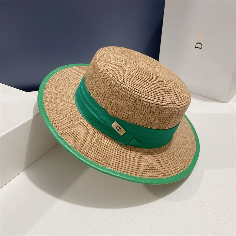 Green straw hat green leather binding new top hat flat top straw hat women\'s summer beach vacation beach hat straw hat sun hat