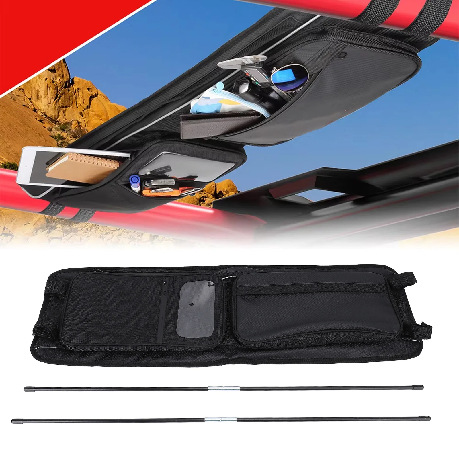 

UTV Roof Bag UTV Roof Bag Oxford Cloth Reflective Strip Large Capacity Overhead Storage Bag Replacement for Polaris RZR S