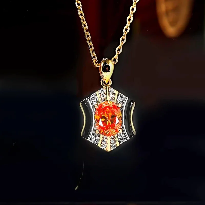 Colgante ovalado de plata 925, estilo simple y antiguo, Fanta naranja con incrustaciones de diamantes con alto contenido de carbono, corte de flores de hielo, versátil