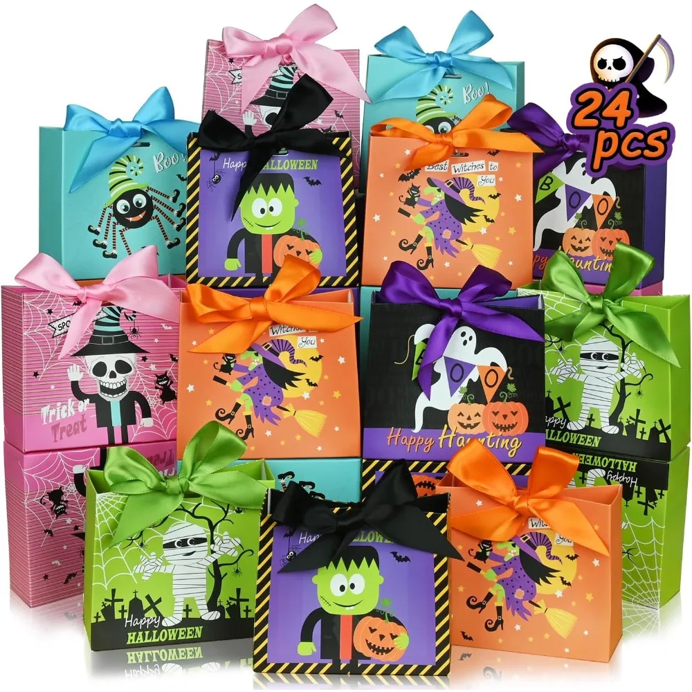 

24PCS Halloween Treat Bags, Trick or Treat Goodie Candy Paper Bags with Ribbons, Halloween Treat Boxes for Kid, Party
