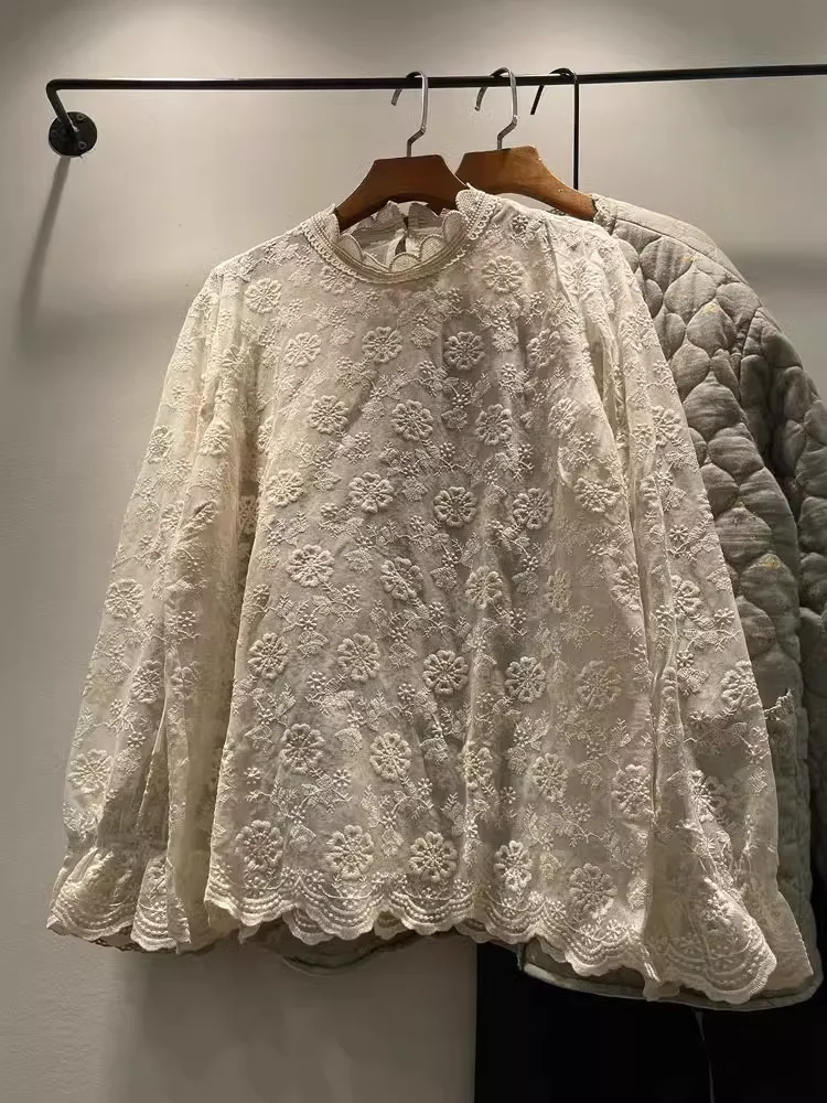 Mori kei lace pullover Japan style vintage stand collar lace embroidery shirts and blouses long sleeve tops lolita clothing