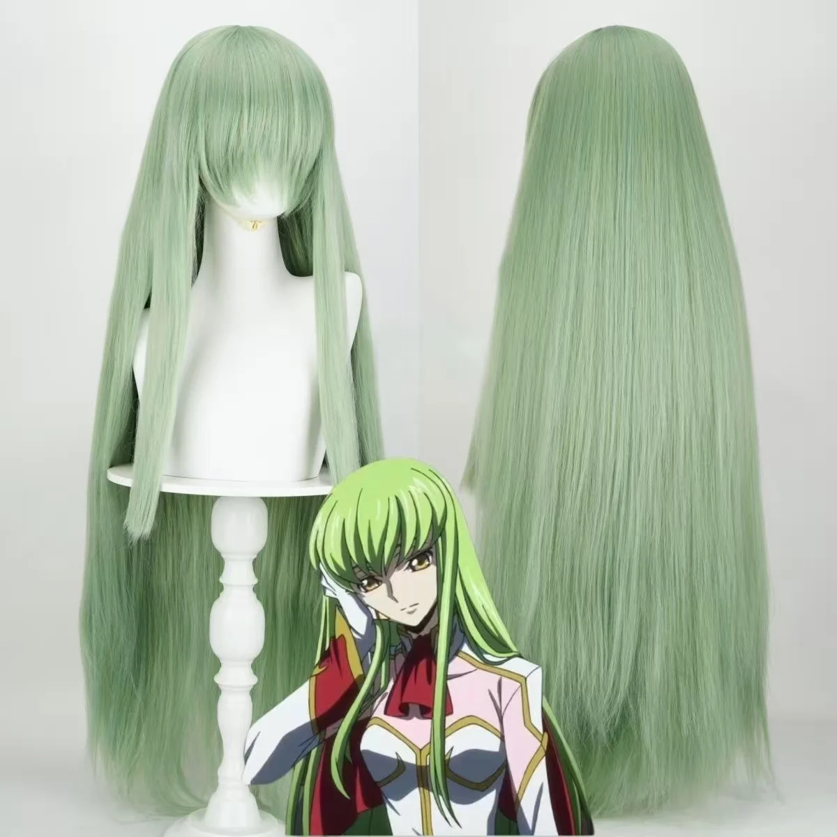 Code Geass C.C. Cosplay Wig Matte High Temperature Silk Light Green Long Straight Wig With Wig Cap for Halloween Comic con
