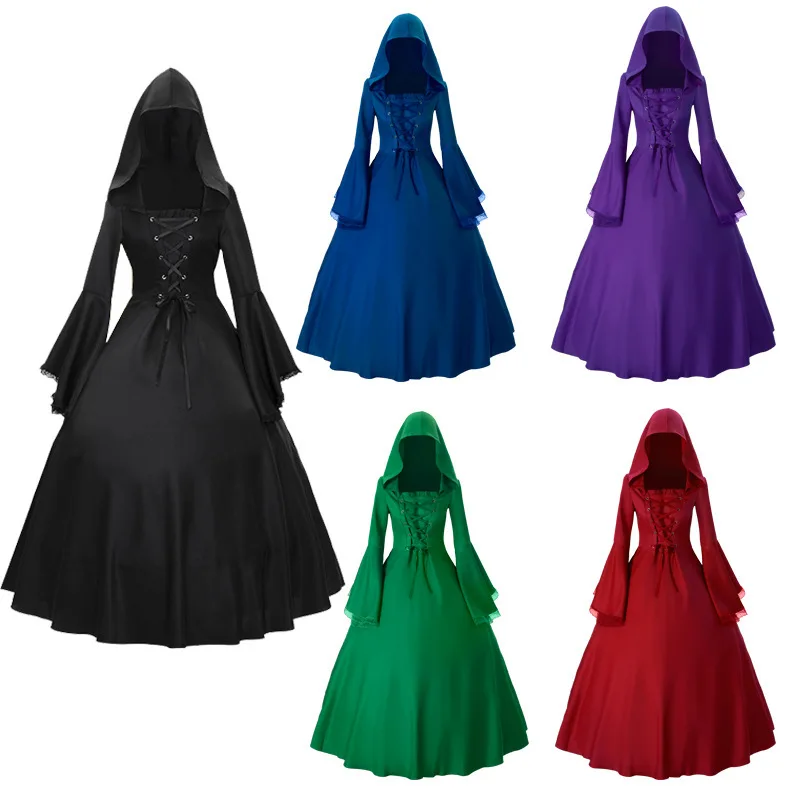 

Halloween Costumes for Women Dress Medieval Retro Gothic Flare Sleeves Stage Gathering Tunic Dress Carnival Ball Cosplay Costume