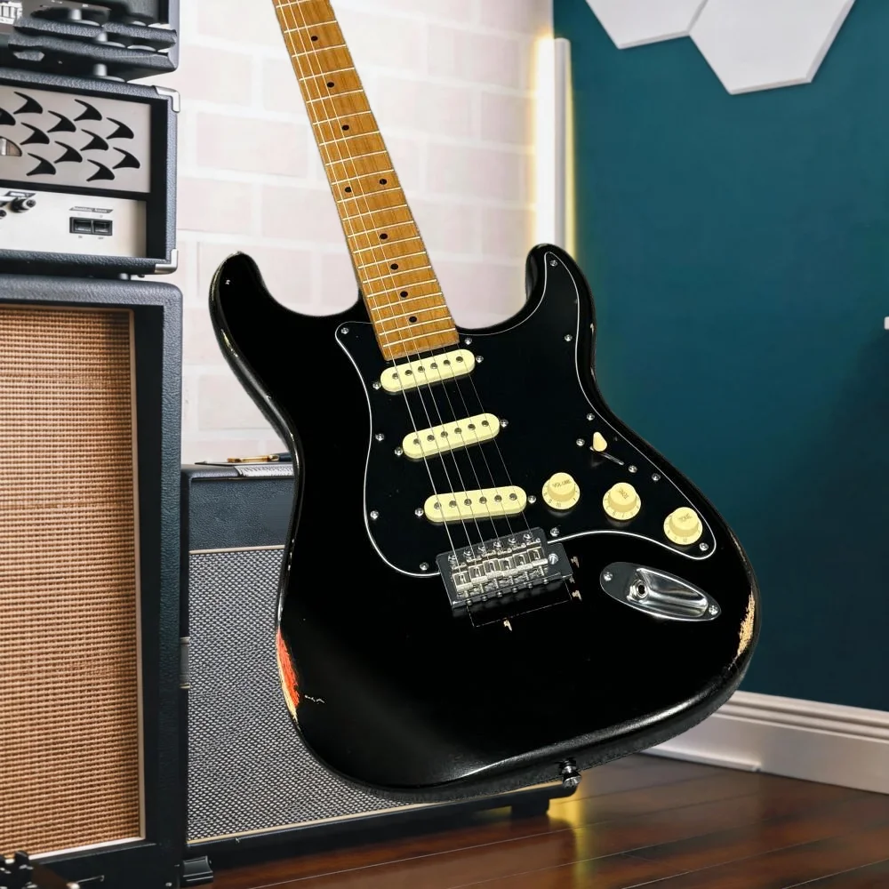 Black Heavy Worn Make Old STQW Electric Guitar 3 Single Coil Pickups White Pickguard Gold Hardware Vintage Tremolo
