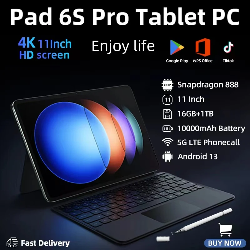 2024 오리지널 글로벌 버전 태블릿 PC, 샤오 패드 6S 프로, 스냅드래곤 888, 안드로이드 13, 10000mAh, 16GB + 1TB, 5G 듀얼 SIM 카드, HD 4K 미 탭