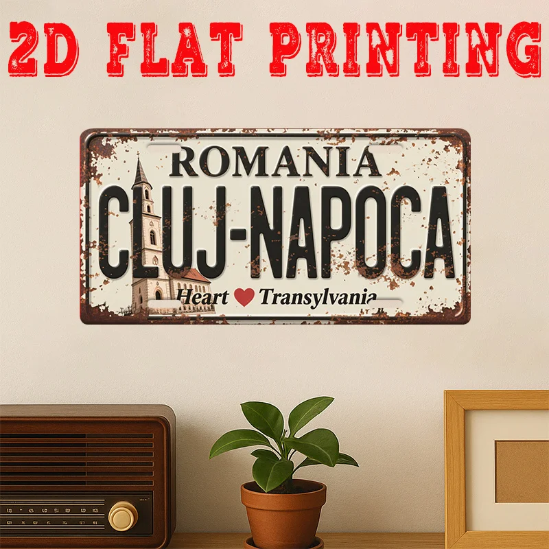 Rumänien Cluj-Napoca Herz von Transsylvanie 2D Flachdruck Nummernschild-Stil Metall-Blechschild, Historisches Transsylvanesisches Stadtthema