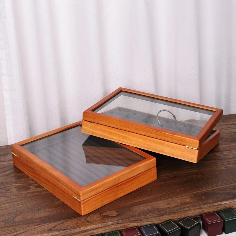 

Solid Wood Jewelry Box Jeweler Ring Earrings Storage Boxes Transparent Glass Necklace Bracelet Display Case Jewellery Organizer