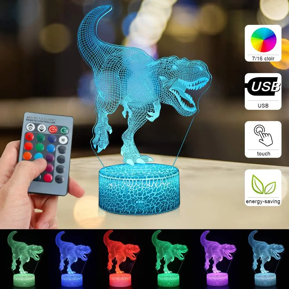 Lampu ilusi 3D dinosaurus Nighdn, lampu dinosaurus 3D untuk anak laki-laki, lampu malam LED sentuh 7 warna, hadiah ulang tahun Natal untuk anak laki-laki dan perempuan