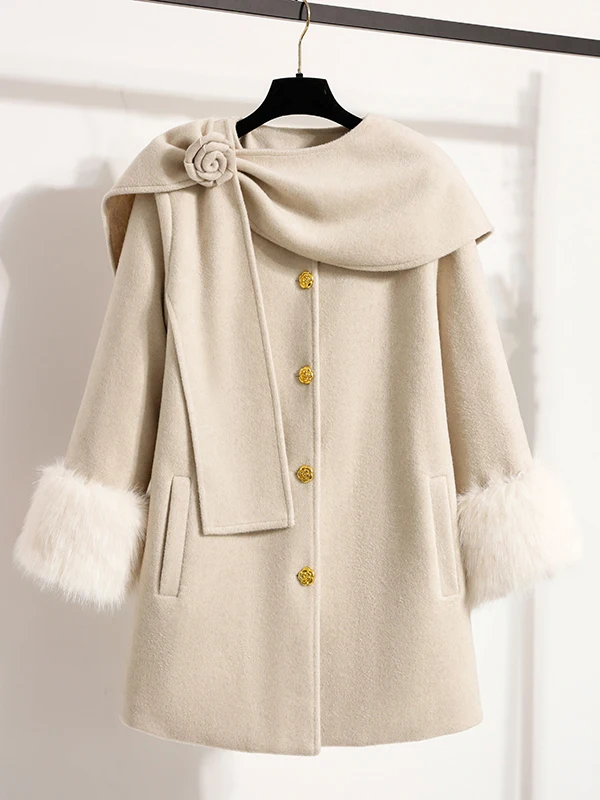 Authentic Rich Girl White Double-Faced Woolen Sleeve Coat Street Style Polyester Wool Blend Thickened Mid-Length Coat for Youth