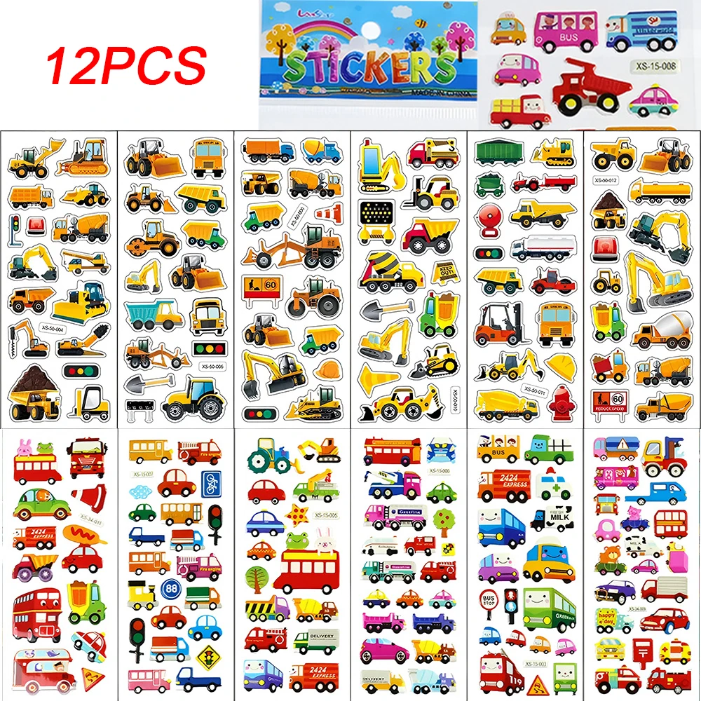 

12pcs Cartoon Engineering Vehicle Puffy Stickers Fun Trucks Bus Car Reward Decals 3D Bubble Kids Theme Party Decoration Supplies