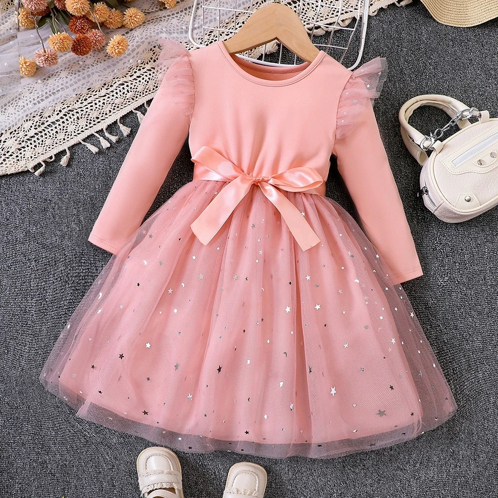 

1-Pack Kid Girls' New Party Dress Long Sleeves Tulle Mesh Dresses Spring Fall Outfit For Toddlers Baby Clothing For 4 5 6 7 Year