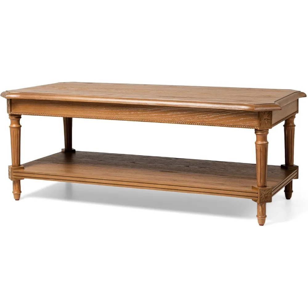 Pullman Large 2 Tier Traditional Rectangular Wooden Center Coffee Table with Shelf Storage in Rustic Antiqued Natural Finish