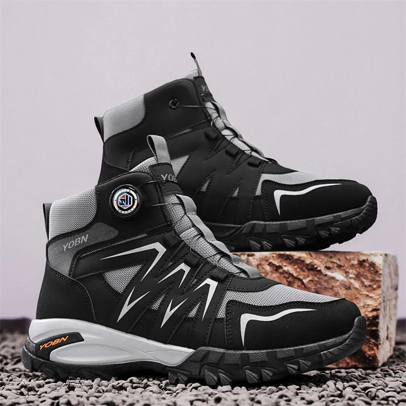 

Classic Black Biker Boots Man Rotary Buckle Outdoor Men Hiking Shoes Comfy Breathable Platform Ankle Boot Men's Motorcycle Shoes