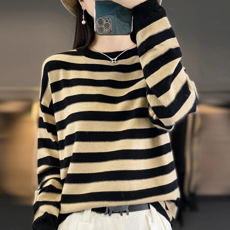 2024 Women\'s cashmere sweater sweater pullover striped knitted sweater Women\'s autumn and winter long sleeved loose sweater