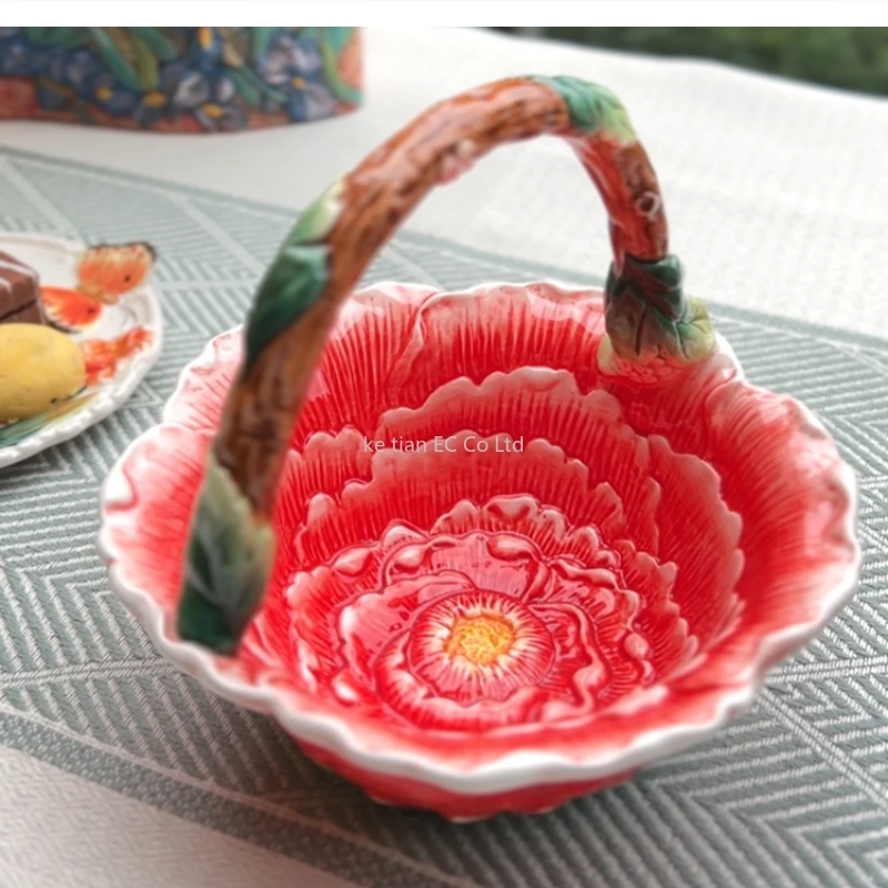 European hand-painted peony portable fruit plate home living room dining decor afternoon tea candy dessert bowl