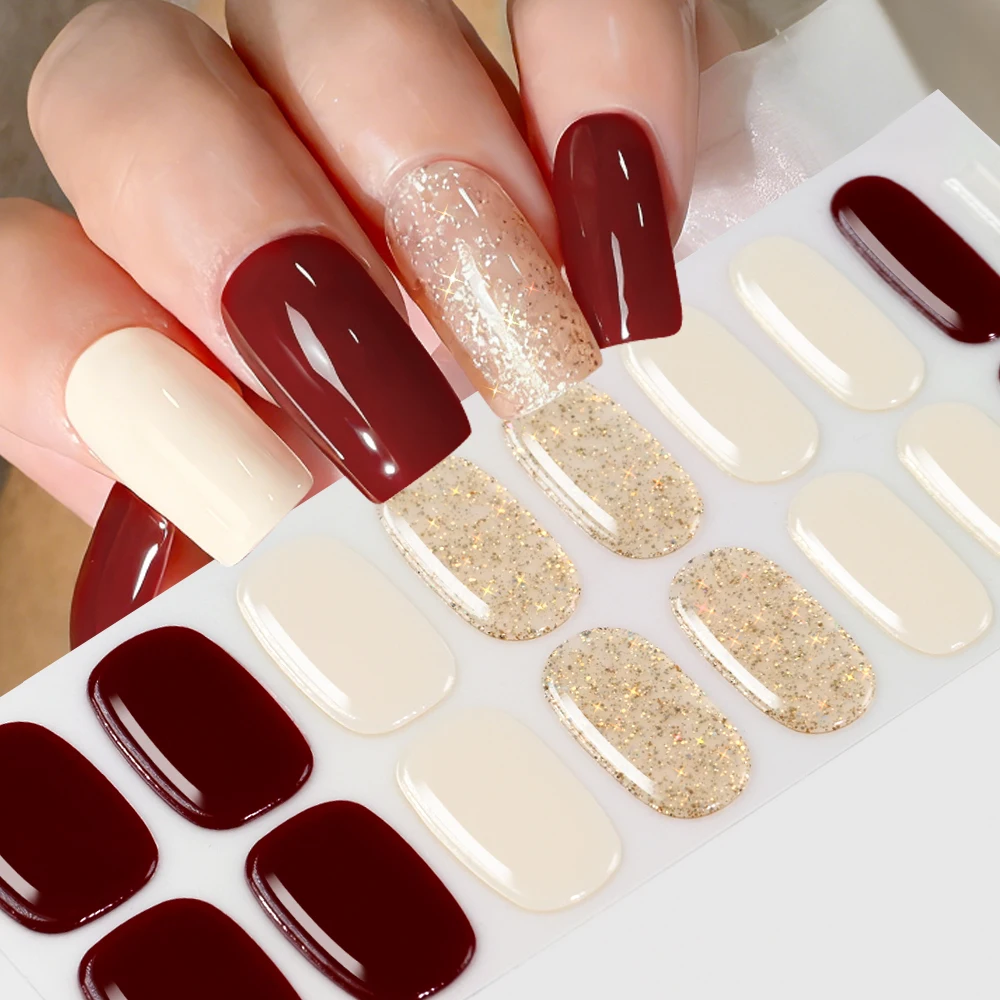 16Tips Solid Color & Glitter Semi Cured Gel Nail Strips Self-Adhesive Baking Free Elegant Gel Nail Sticker Full Coverage Decals