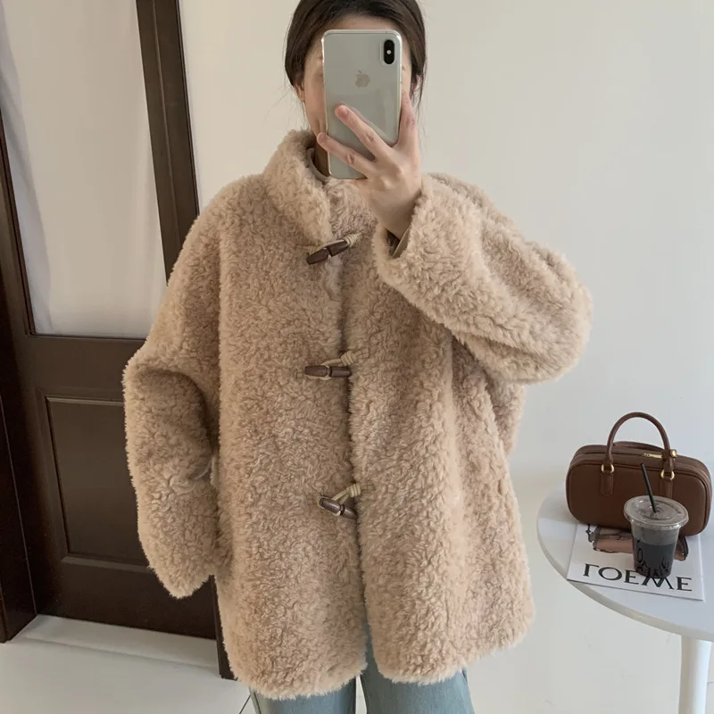 Horn buckle lazy wind 100 lambswool winter new style fur integrated fur coat women's midi warm jacket