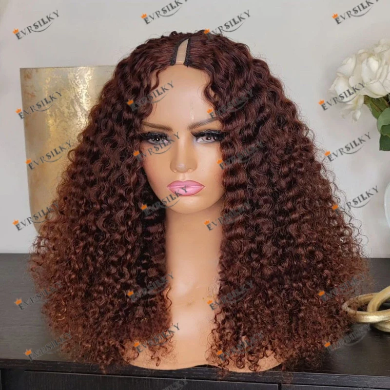 

Full 200Density Kinky Curly Cooper Brown 100% Remy Human Hair 1x4 Middle U Part Wigs for Women Glueless Opening V Part Wigs